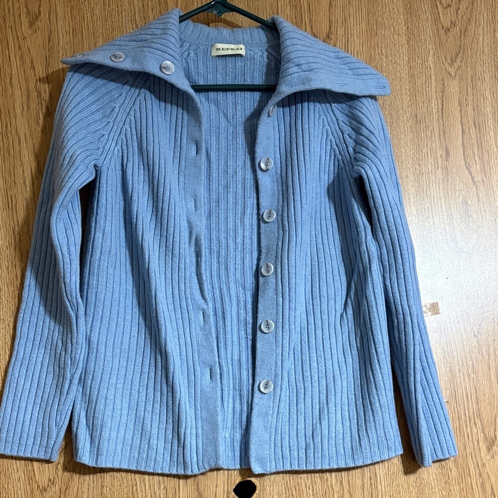 REPEAT Stylish Blue Ribbed Cardigan 100% merino Wool (looks like a size medium) - Picture 9 of 9